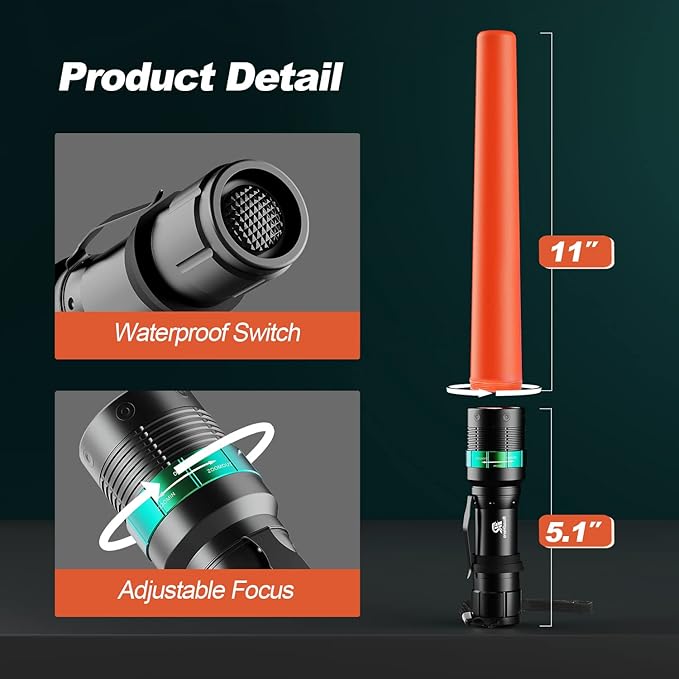 RoadHero 6 Pieces 16 Inch Traffic Wand with Strobe Modes LED Safety Signal Flashlight Wand with Wrist Strap and Side Clip for Traffic Control, Parking, Using 3 AAA Batteries, Batteries Not Included