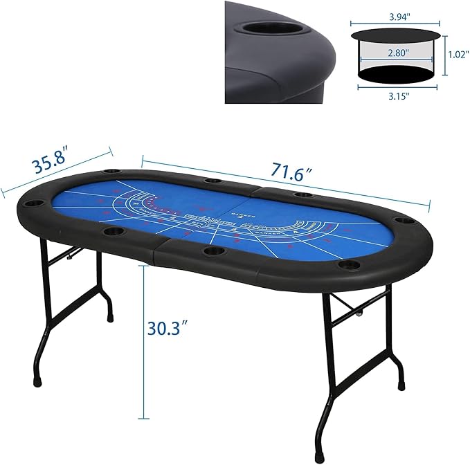 Upgrade 8 Player Poker Table for Blackjack Card Game, Foldable Texas Hold'em Table, Portable Casino Table for Game Room with Plastic Cup Holder, Padded Rails, Blue Felt Surface