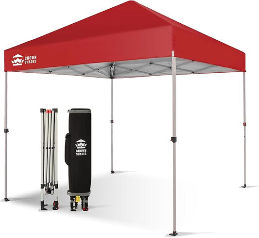 CROWN SHADES 8x8 Pop Up Canopy - Beach Tent with One Push Setup - Easy Outdoor Sun Shade for Events, Parties, Camping - Gazebo with STO-N-Go Cover Bag, Silver Coated Top, Red