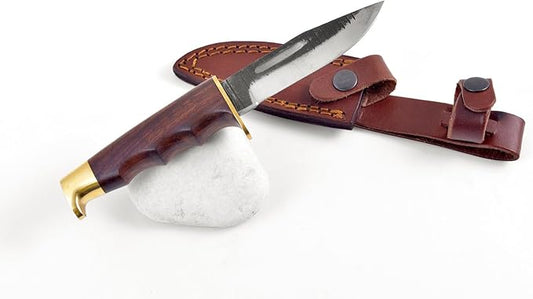 Titan International Knives Titan Intl Knives Skinning Knife | Carbon Steel knives for men | Rosewood Handle with Brass Hilt & Pommel | Fixed Blade Hunting Knife | Belt Knife with Sheath