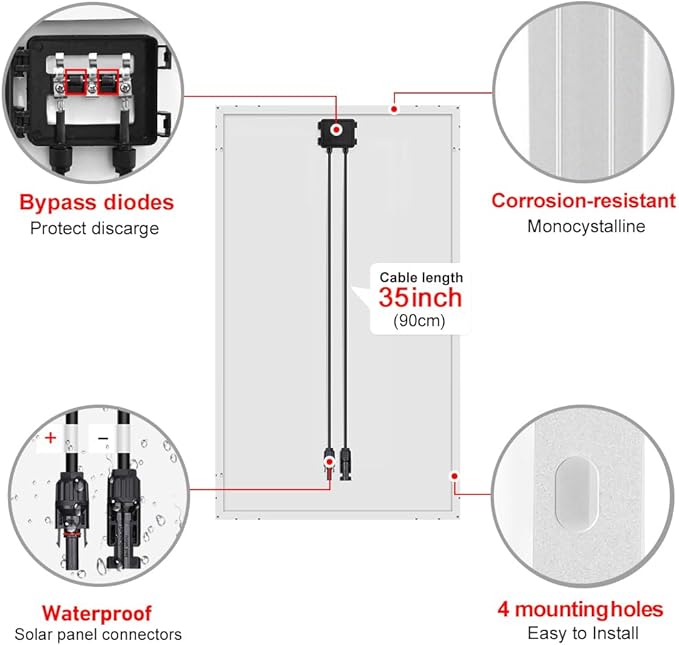 DOKIO 100W 18V Monocrystalline Solar Panel for 12V Battery Charging, 9BB Glass Module with Aluminum Frame, MC4 Connector, Pre-Drilled Holes for Rooftop, RV, Boat, Off-Grid Power