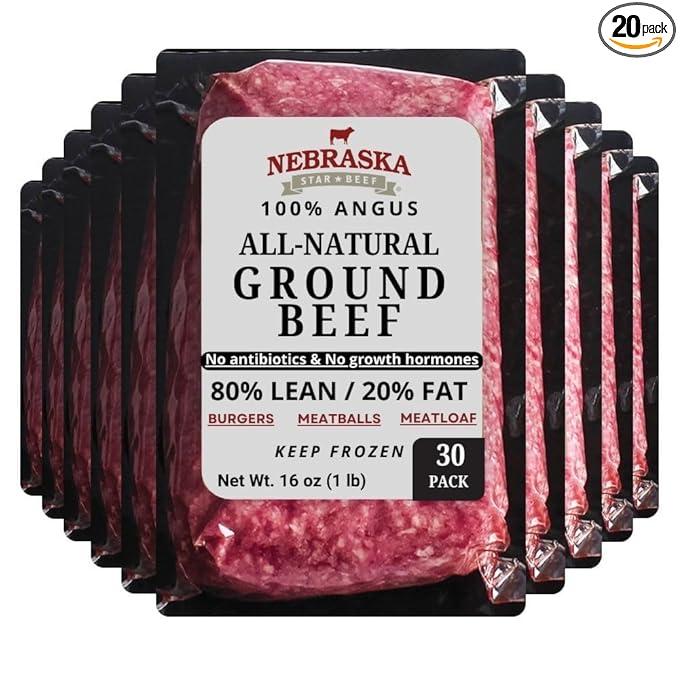 Nebraska Star Beef All Natural Angus 80/20 Ground Beef - 20-1lb Packages- ground beef, frozen hamburger, hamburger patties, frozen burger