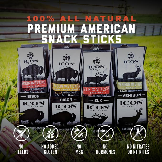 ICON Meats Snack Sticks Sampler - Assorted Flavors of Bison, Elk, Venison and Pork Jerky Sticks – 6 Packs Included Per Box, 4 Strips Per Pack - USDA Approved, All Natural Artisan Meats
