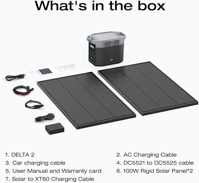 EF ECOFLOW Solar Generators, DELTA 2 Portable Power Station with 2PCS 100W 12V Solar Panels, 1024Wh LFP Battery, Fast Charging, Power Station for Home Backup, Camping&RVs