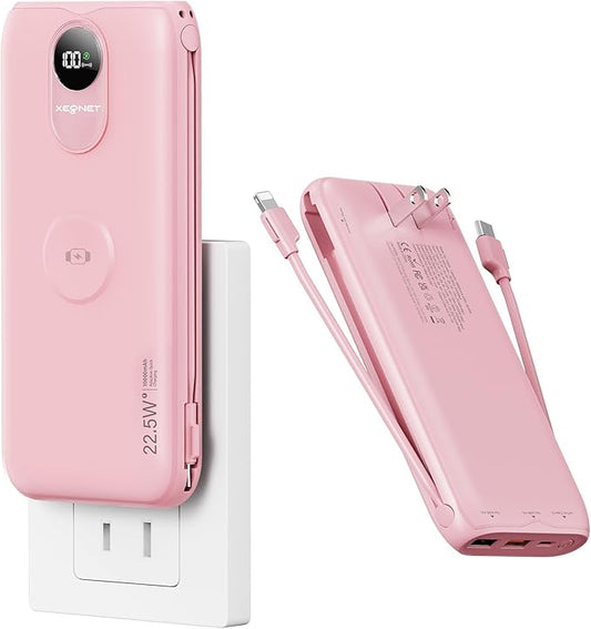 Portable Charger, 10000mAh 22.5W USB C Power Bank Built in Cables, AC Wall Plug and Led Display, External Battery Pack Fast Charging, Travel Essentials for iPhone, Android Cell Phone, Tablet, iWatch