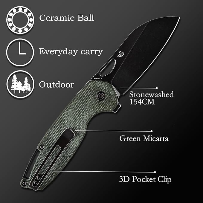 KANSEPT Model 6 Pocket Knives EDC Camping 3.1'' 154CM Material Pocket with Green Micarta Handle Everyday Carry T1022A2