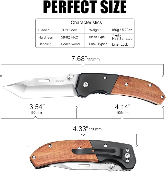 Harita Pocket Knife for Men, Folding Utility with Pocket Clip, Wood Handle EDC for Women with 3.4″ Sliver Steel Blade, Camping Knife, Hunting, Hiking - Father's Day Gift (Sliver, 3.4 inch Classic Blade)