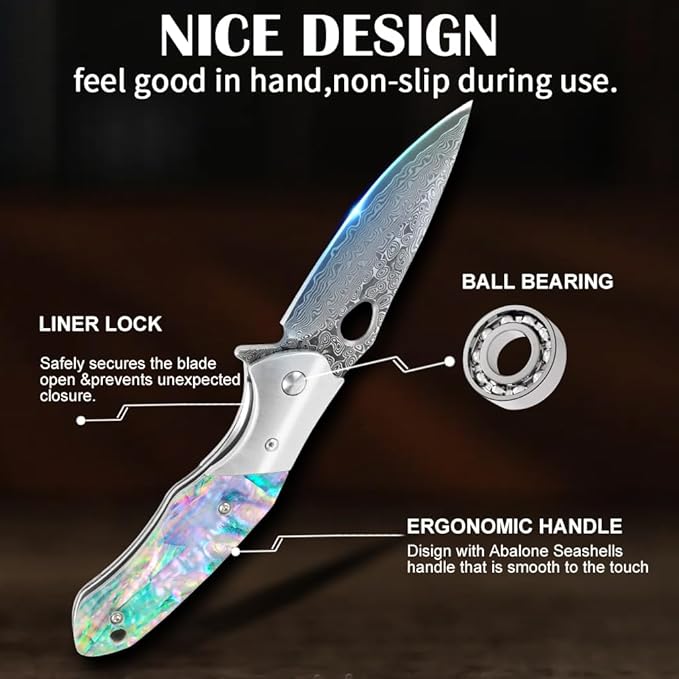 Cottonbell Damascus Pocket Knife Unique Rainbow Abalone Shell Handle Damascus Folding Knife, with Sharp VG10 Core Damascus Steel Knife for Outdoor Camping Fishing Hiking Hunting Gift