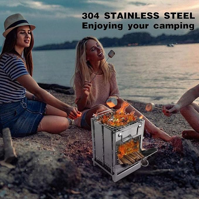 Camping Wood Burning Stove with Grill, Collapsible Backpacking Survival Rocket Stove Stainless Steel Campfire Stove for Outdoor Cooking Picnic Hiking BBQ (Sliver-Small)