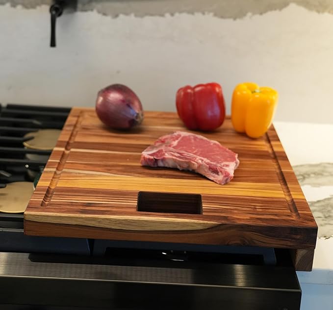EcoDecors, Teak Edge Grain Cutting Board 17"x18", Solid FSC Teak Wood Butcher Block with Juice Groove, Waste Slot & Handles, Wooden Cutting Board for Kitchen, Carving & Stove-Top Prep