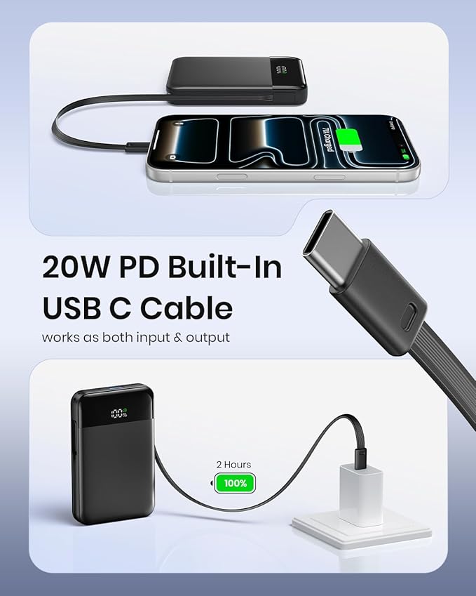 Hiluckey Magnetic Portable Charger Power Bank -10000mAh Ultra Slim 15W Wireless Phone Charger, 20W PD Fast Charging Battery Pack with Built-in Cable for Phone 16/15/14/13 Pro/Pro Max, Apple Watch