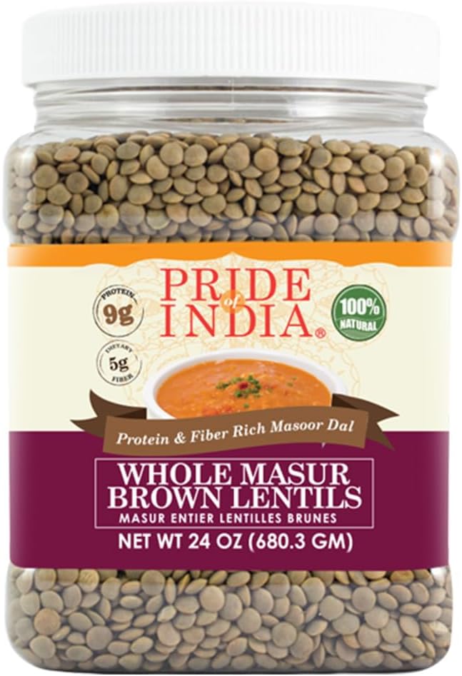 Pride Of India - Indian Whole Brown Crimson Masur Lentils - Protein & Fiber Rich Masoor Whole, 1.5 Pound Jar