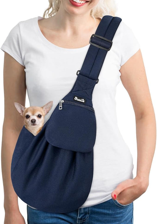 SlowTon Dog Carrier Sling - Thick Padded Shoulder Strap Adjustable Dog Carriers for Small Dogs, Puppy Carrier Purse for Pet Cat with Front Zipper Pocket Safety Belt Machine Washable (Navy Knitted, S)