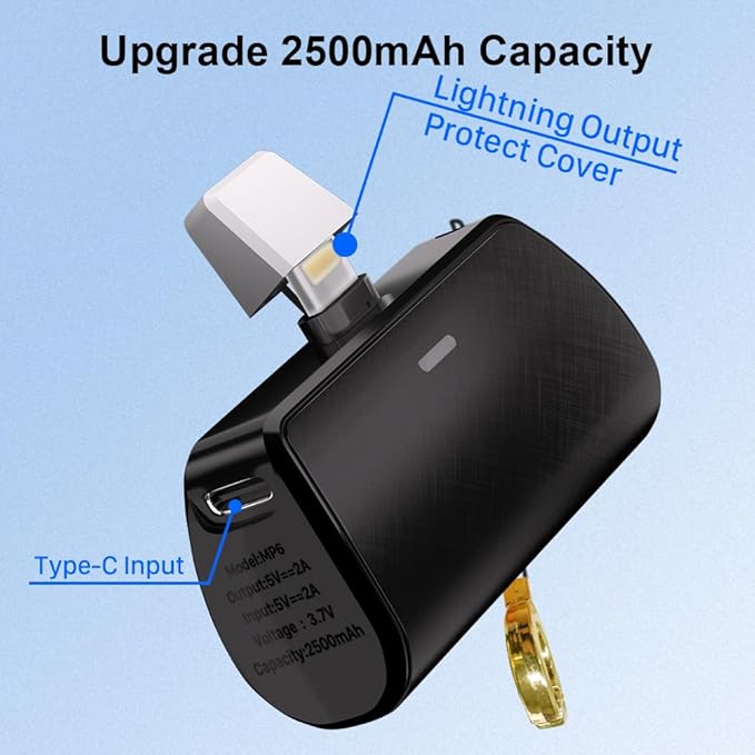 WAVYPO Keychain Portable Charger 2500mAh, Cell Phone Portable Power Bank Pack Mini Power Emergency Pod Fast Charging Compatible for iPhone 14/14 Pro Max/13/13 Pro Max/12/12 Pro Max/11/XR/X/8 (Black)