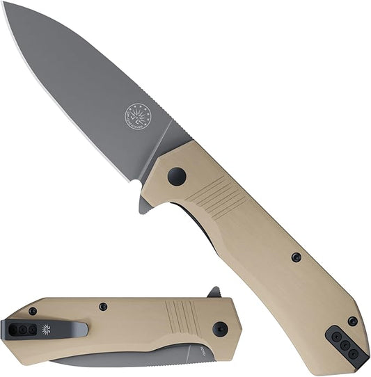 Off-Grid Knives - STINGER XL Folding Knife, 154CM Steel, Full Flat Grind, G10 Scales, Ceramic Bearings, Drop-Shut Action, Deep Pocket Clip, Left or Right Hand Carry, Camping & Tactical Use (Coyote)