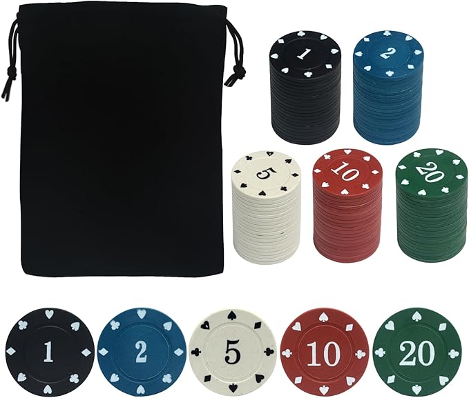 100PCS Poker Chip Set with Portable Storage Bag Professional Grade Casino Style 5 Colours for Texas Holdem Blackjack Poker Night Party (Small Denomination)