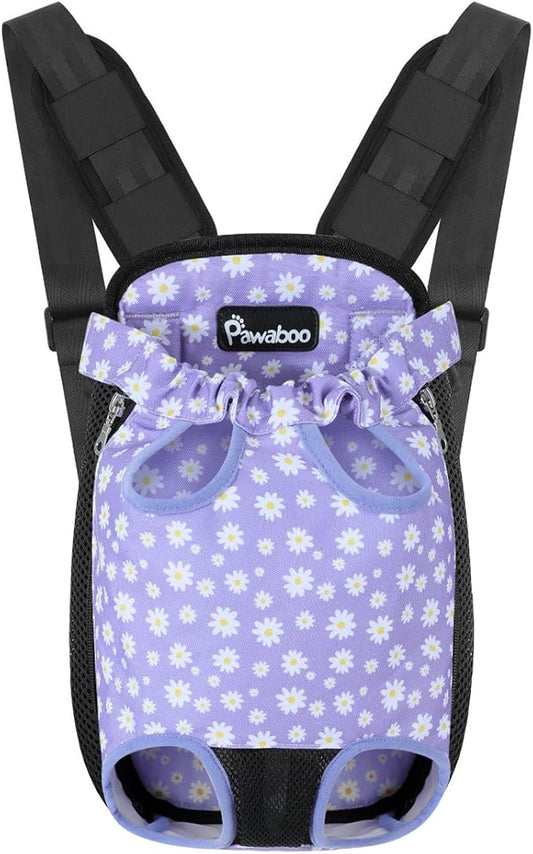 Pawaboo Pet Carrier Backpack, Adjustable Pet Front Cat Dog Carrier Backpack Travel Bag, Legs Out, Easy-Fit for Traveling Hiking Camping for Small Medium Dogs, Medium Size, Black & Purple Daisy