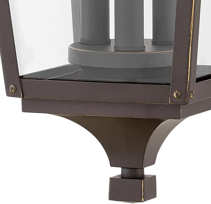 Hinkley Jaymes Large Hanging Outdoor Lantern - Aluminum, Clear Glass Panes, Rivet Details, Cast Finials - Oil Rubbed Bronze Finish