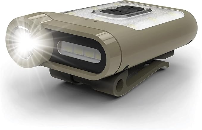 Claymore Capon 65A+ Tan Ultra-Light Clip-On Cap Light ??USB-C Rechargeable 230LM LED Compact Headlamp | 3 Modes IP54 Water-Resistant Up to 19 Hrs Runtime for Camping, Running, Outdoor