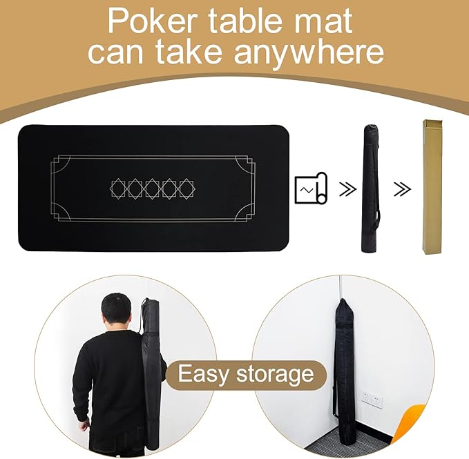 CONTINUE Poker Mat 8-10 Players Portable Poker Table Top Black Wrap Texas Hold'em Poker Mat Rubber Poker Layout with Carrying Bag for Poker Games, Blackjack, Casino（94 x 47 Inch）