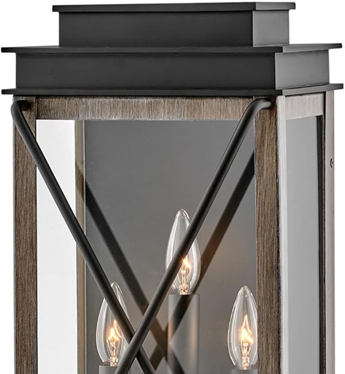 Hinkley Montecito Large Wall Mount Outdoor Lantern - 3-Light, Aluminum, Clear Glass - Black with Driftwood Gray Accents