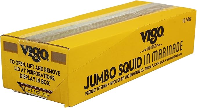 Vigo Premium Imported Canned Seafood, Jumbo Squid in Marinade Sauce, Specialty Flavored, Perfect for Recipes and Dishes (Jumbo Squid in Marinade Sauce, 4 Ounce (Pack of 10))