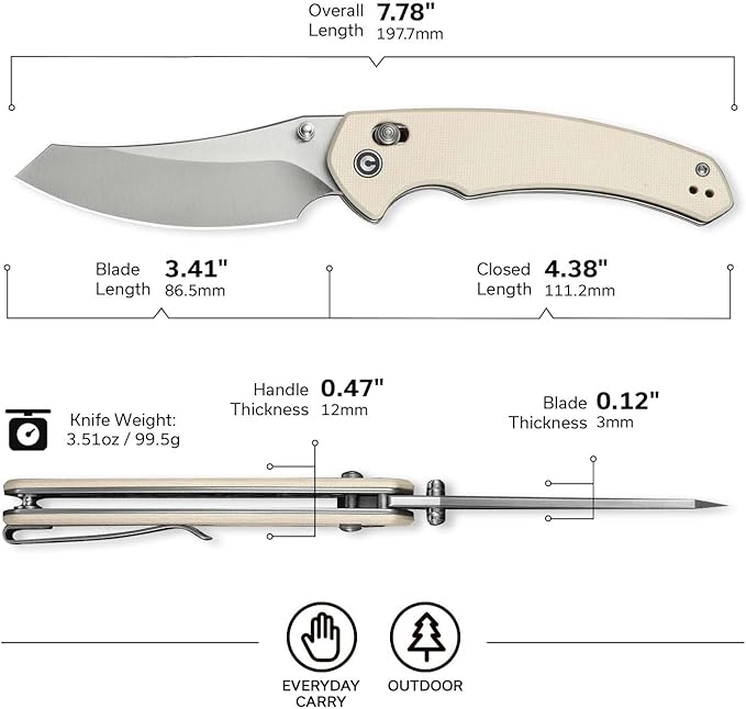 CIVIVI Sixgill Folding Pocket Knife for EDC, 3.41'' Nitro-V Blade G10 Handle, Deep Carry Reversible Clip, Gift for Men Women C24050-2 (Ivory)
