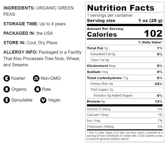 Food to Live Organic Whole Dried Green Peas, 1 Pound – Non-GMO, Green Vatana, Sproutable, Vegan, Kosher, Bulk. Pre-Soak Needed. Rich in Protein, Fiber. Great for Green Curry, Stews, Salads, Pea Soup