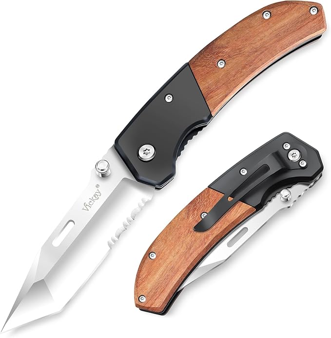 Vickay Pocket Knife, Folding Knife with Clip - 3.54″ Tanto Serrated Blade, Wood Handle EDC Knife for Men & Women, Outdoor Camping, Tactical, Hiking, Survival - Father’s Day Gift (Satin Silver)