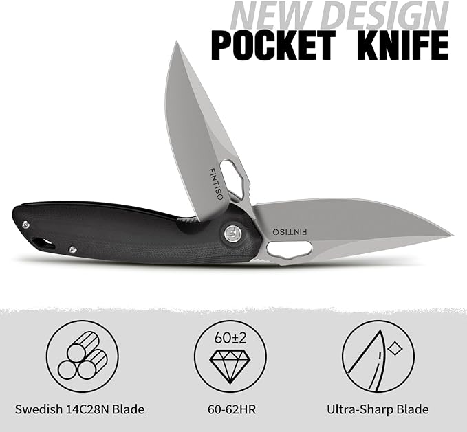 FINTISO Pocket Knife 3.38" Folding Knife Premium 14C28N Blade G10 Handle, Camping Survival Hiking Knife, Best Gift for Men Women, Atlas Series