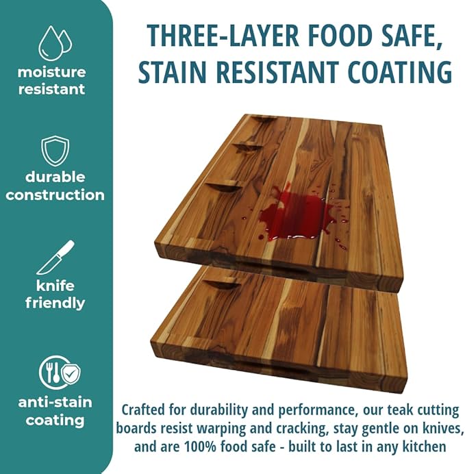 EcoDecors, Teak Cutting Board 20"x15" Reversible Edge Grain, Extra Large Solid Teak Wood Carving Board with Juice Groove, 3 Charcuterie Trays, Side Handles, Best Wooden Cutting Board for Kitchen
