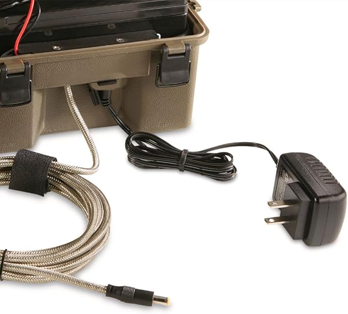 STEALTH CAM 12V Battery Box Kit - Portable Compact Waterproof Sealed Battery Charging Box for Hunting Trail Cameras w/ External Power Jack | AC Charger, 10Ft Steel Cable Included