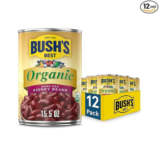 BUSH'S BEST 15 oz Canned Organic Dark Red Kidney Beans, Source of Plant Based Protein and Fiber, Low Fat, Gluten Free, (Pack of 12)