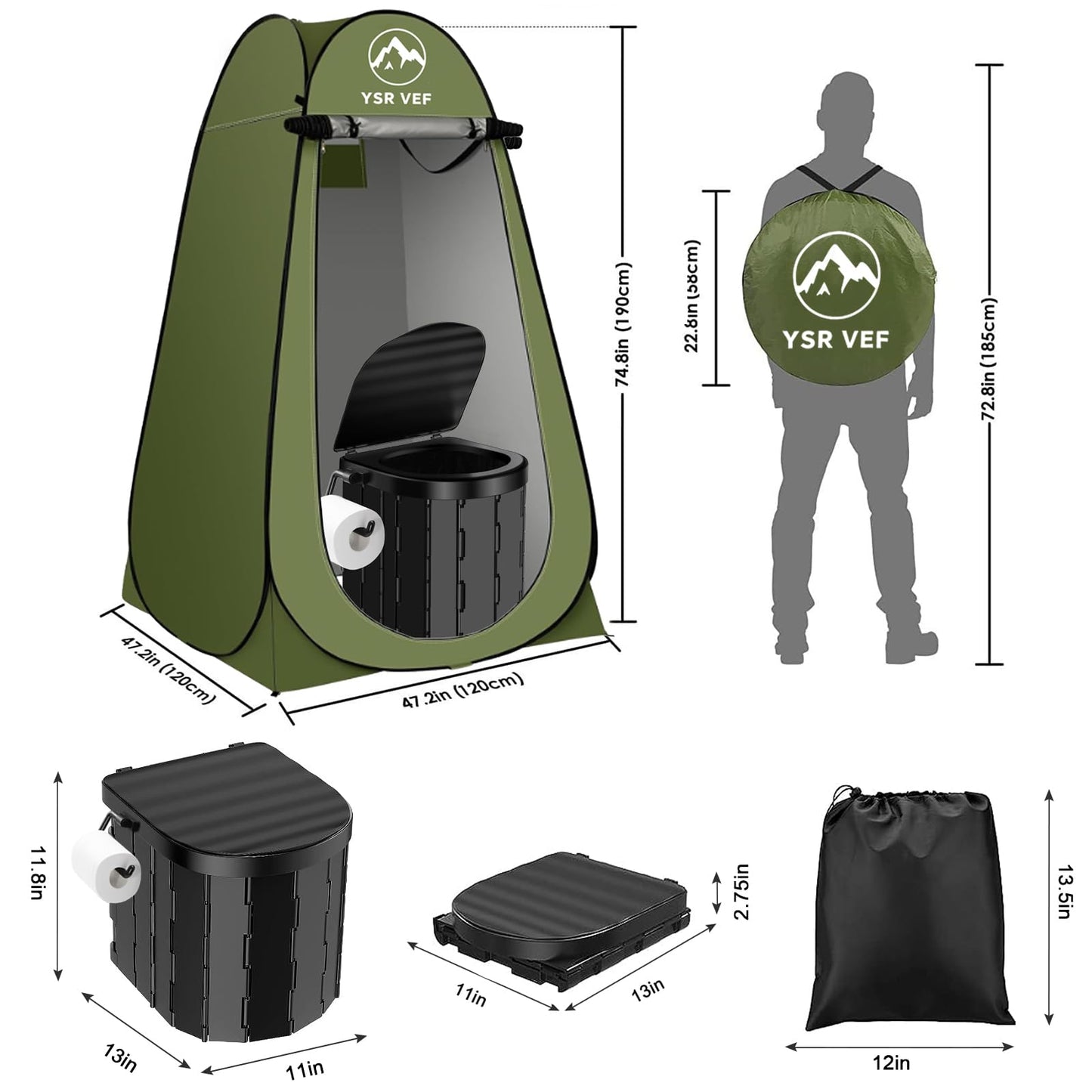 Portable Toilet Kit for Adults, Camping Toilet with Pop-Up Privacy Tent and Poo Gel Toilet Bags