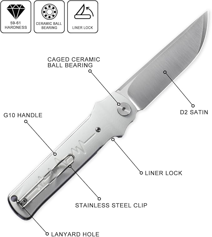 Petrified fish PFB04 Tena Folding Knife, 3.82" D2 Steel Satin Blade G10 Handle Pocket Folding knife for EDC Camping Outdoor (White Satin)