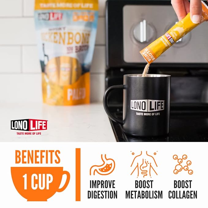 LonoLife Reduced Sodium Chicken Bone Broth Powder Mix | 10g Protein | Collagen-Rich, Keto & Paleo Friendly | Natural Ingredients | 10 Portable Stick Pack Servings