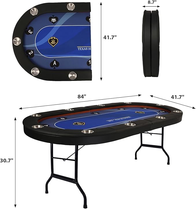 LUCKYERMORE Upgraded 10 Players Poker Table with Stainless Steel Cup Holder, 84”Folding Casino-Style Texas Game Poker Tables with Padded Rails, Blue Felt Surface, Fully Assemble