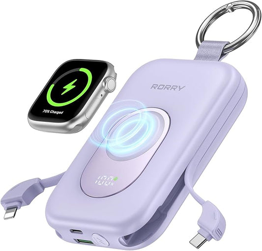 RORRY Portable Charger, 20000mAh PD 30W Portable Charger Power Bank with 2 Built-in Cables, Super Fast Charging Battery Pack with Keychain, Travel Essentials for iPhone, Apple Watch, iPad, Purple