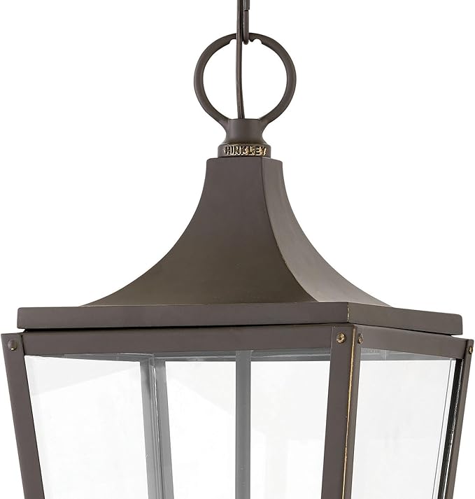 Hinkley Jaymes Large Hanging Outdoor Lantern - Aluminum, Clear Glass Panes, Rivet Details, Cast Finials - Oil Rubbed Bronze Finish