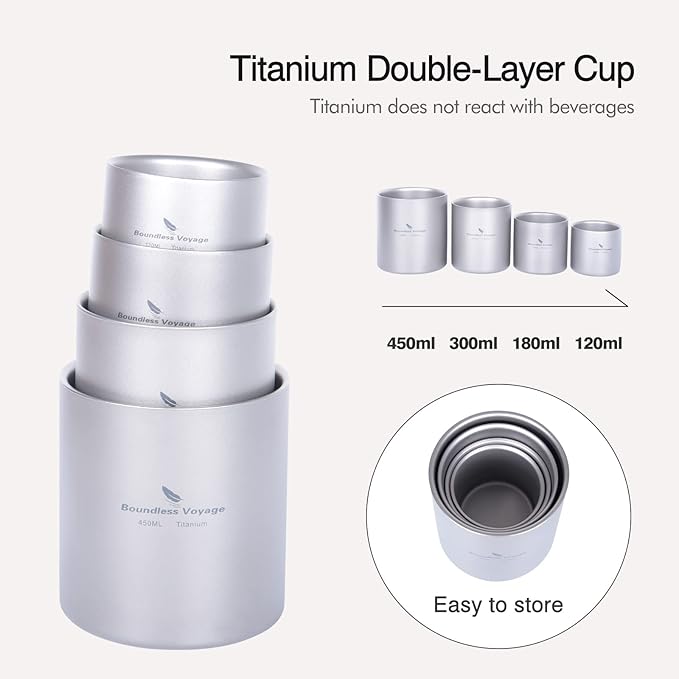 Boundless Voyage 3 in 1 Double Walled Titanium Cup Heat Resistant Mini Tea Drink Cup Outdoor Camping Mug Coffee Cups Camping Accessories Ti15154B