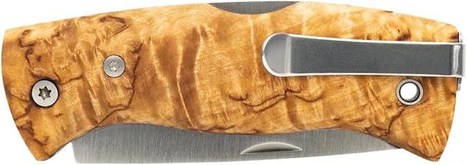 HELLE Knives - Nipa - Mid-Size Folding Knife - 2.72" Stainless Steel Blade with Hand-Sanded Curly Birch Handle - EDC Pocket Knife with Clip - Made in Norway
