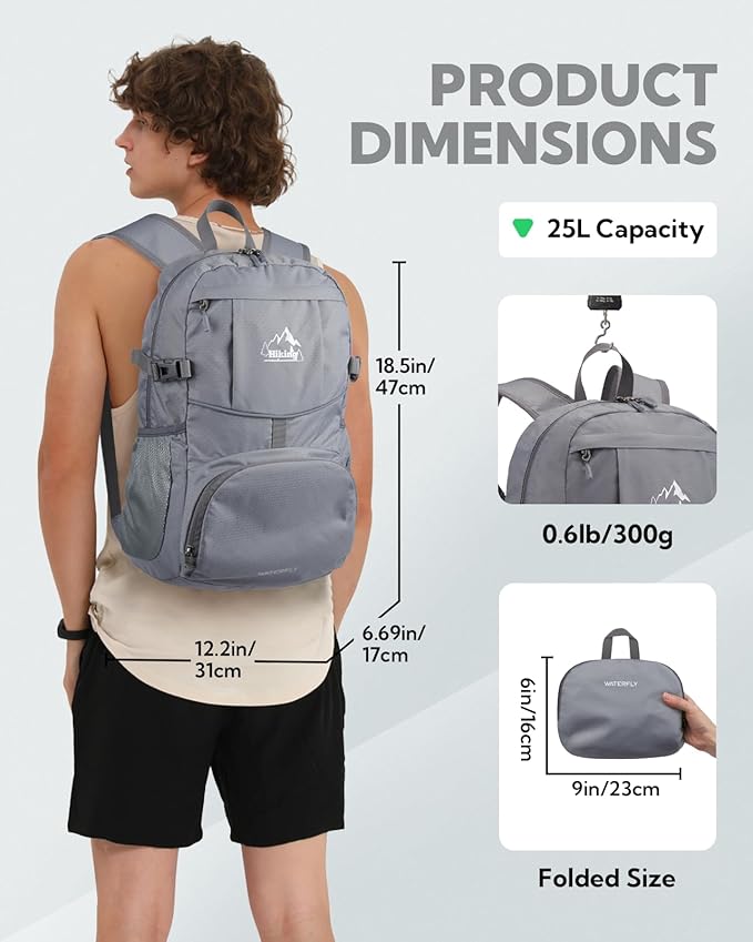 WATERFLY Hiking Foldable Daypack Backpack: 25L Ultra Lightweight Waterproof Day Pack for Woman Man - Small Compact Packable Folding Back Pack for Outdoor Sport Cycling Biking Travel Trip - Gray