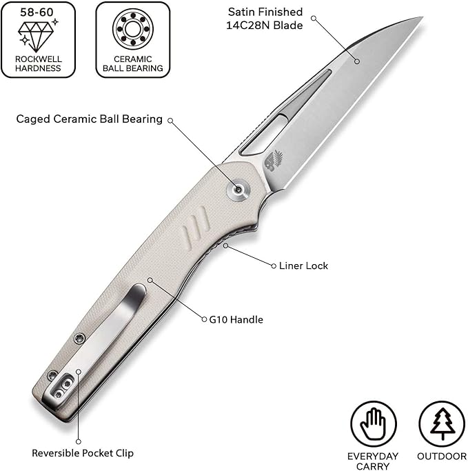 CIVIVI Guile Pocket Knife, Folding Knife for EDC, 3.25" Swedish 14C28N Blade G10 Handle with Reversible Deep-Carry Clip C24062B-3 (Ivory)
