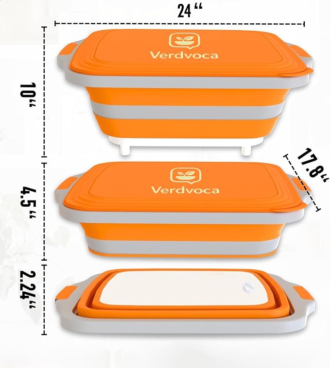 Collapsible BBQ Prep Tubs with Lids, Grill Cutting Board, Camping Sink with Drainage Hole for Meal Prep, Fruit Wash and Food Storage, Marinating Container, 30L Orange Tub 24"