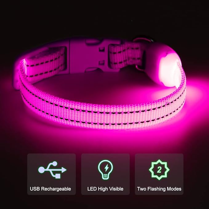 Light Up Dog Collar- Rechargeable Puppy Collars Glow in The Dark LED Dog Collar for Night Walking (X-Small, Pink)