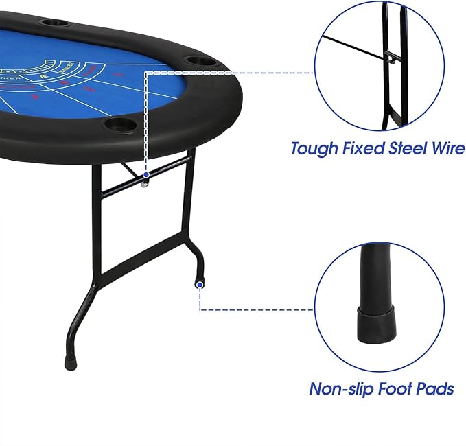 Upgrade 8 Player Poker Table for Blackjack Card Game, Foldable Texas Hold'em Table, Portable Casino Table for Game Room with Plastic Cup Holder, Padded Rails, Blue Felt Surface