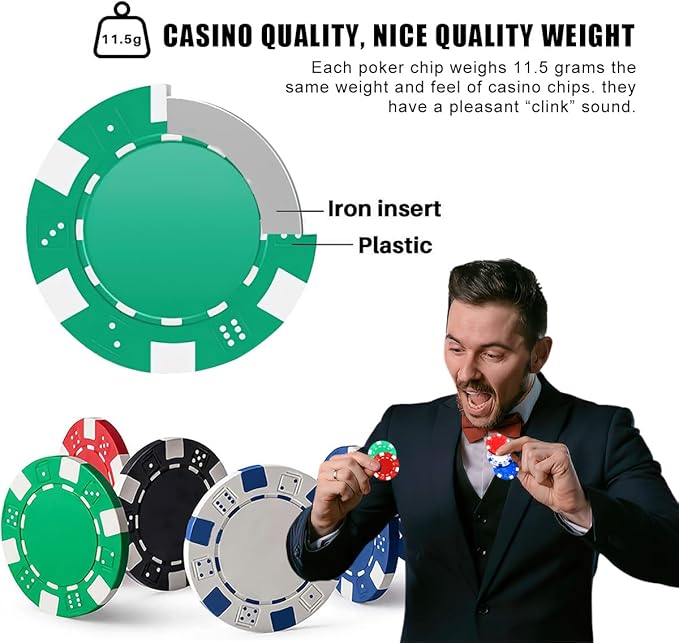 100PCS Green Casino Poker Chips Set, 11.5 Gram Plastic Clay Blank Game Chips for Poker Card Games Texas Holdem Blackjack Gambling (with Gift Box)