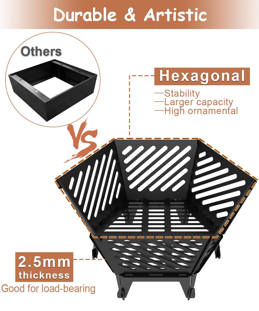 Waaliji 22.5 Inch Portable Hexagon Fire Pit with Travel Bag — Smokeless Patented Design Outdoor