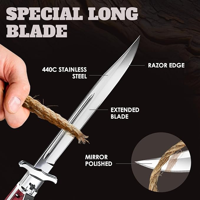 Grand Way 12.2" Retro Folding Knife with Wood Handle & Leather Sheath - 7.8" Long Foldable Sharp Blade - Large Pocket Knife for Men Camping Hunting Survival Work 12 KG