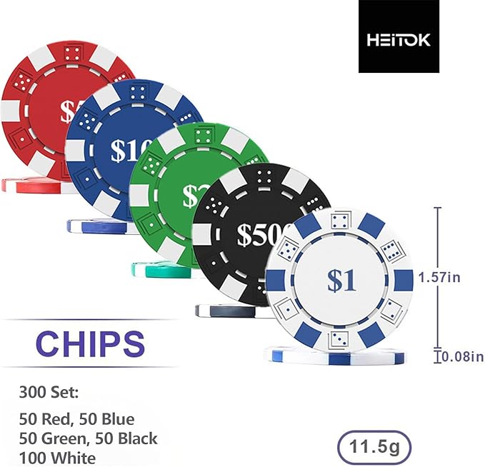 Poker Set with Denominations, 300-pcs 11.5g Weighted Numbered Chips, 5 Dice, 2 Decks with Compact Aluminum Case for Texas Hold'em, Blackjack, Age 8 and Plus